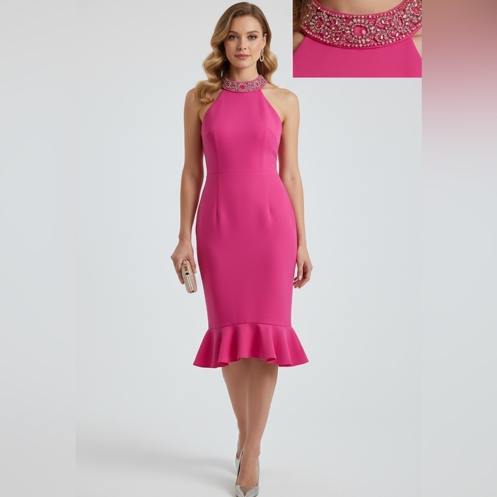 MARINA Fuchsia Beaded Halter Midi Dress